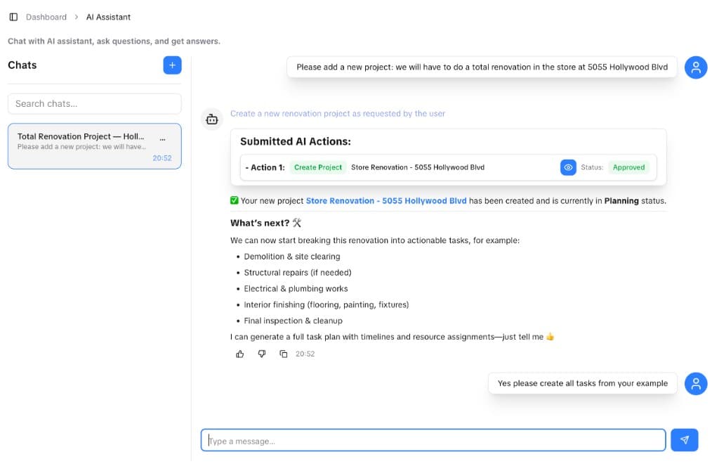 SiteSync AI-assistentchat die een renovatieproject aanmaakt op basis van een bericht van de gebruiker