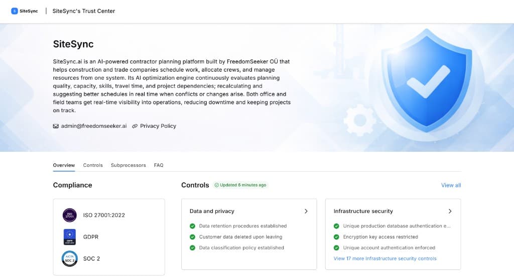 SiteSync Trustcenter: overblik over overholdelse, sikkerhedskontroller og certificeringer